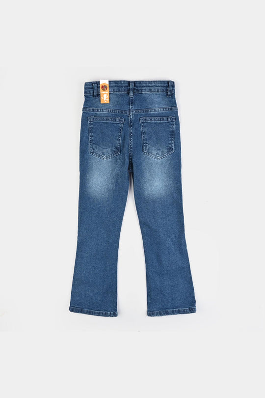 Girls Denim Stretch Pant Basic Flared Fit-Mid Blue