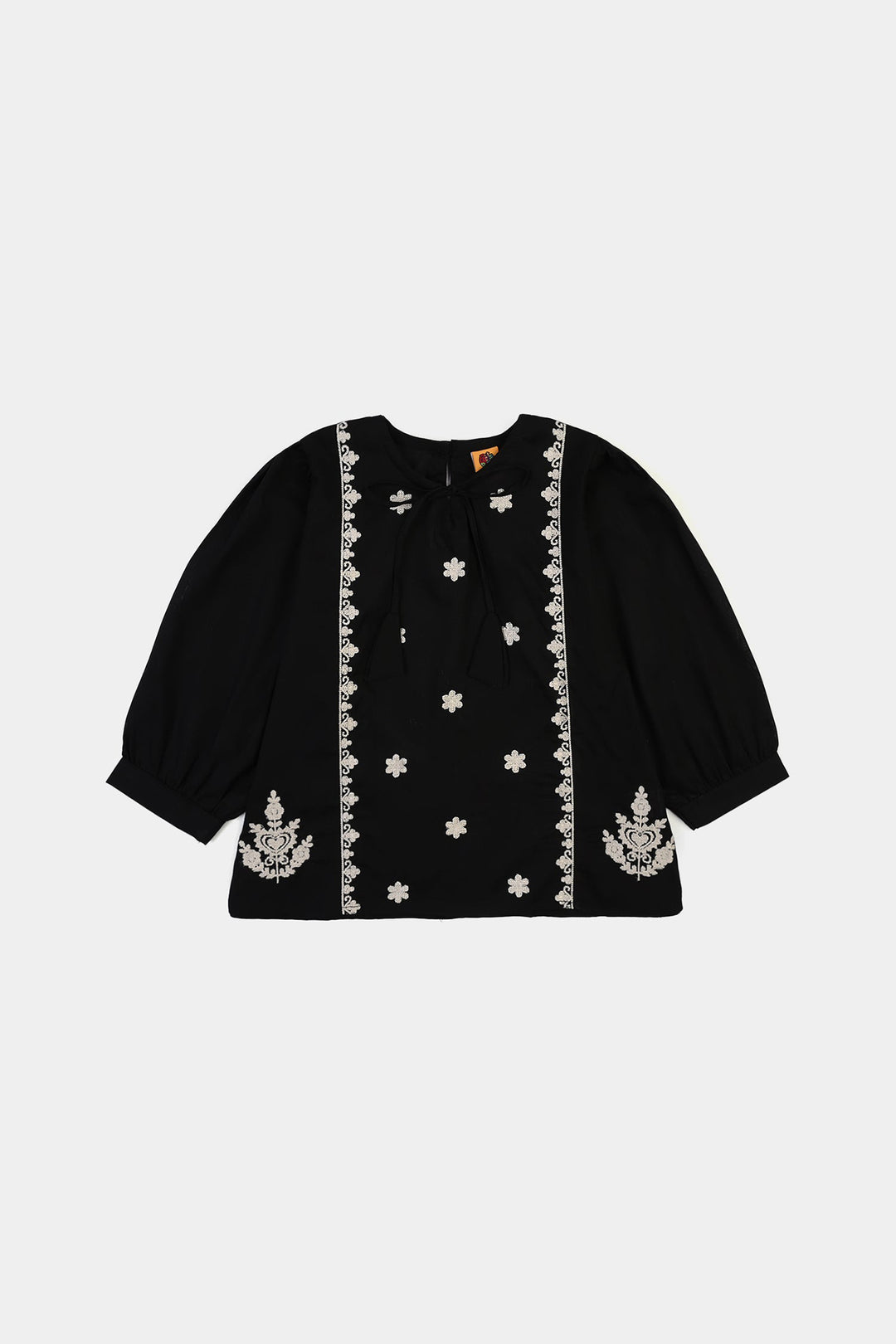 Girls Cotton Emb Top Monochrome-BLACK