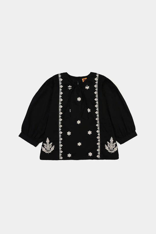 Girls Cotton Emb Top Monochrome-BLACK