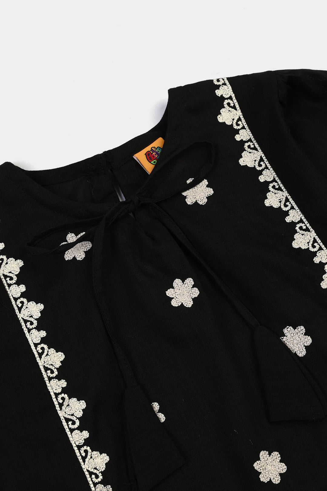 Girls Cotton Emb Top Monochrome-BLACK
