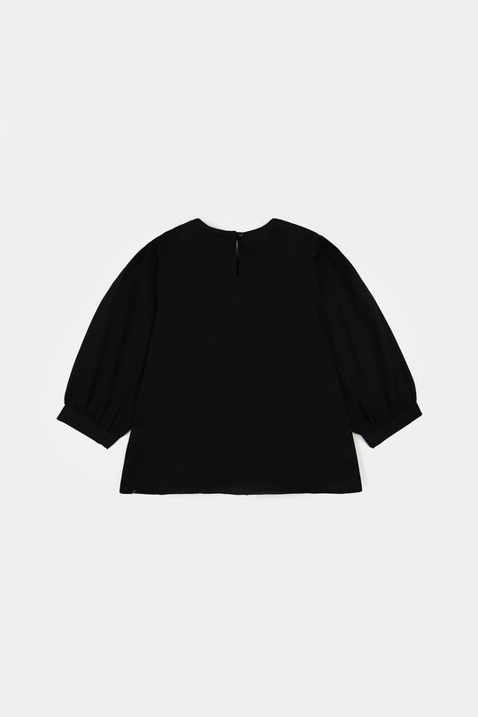 Girls Cotton Emb Top Monochrome-BLACK