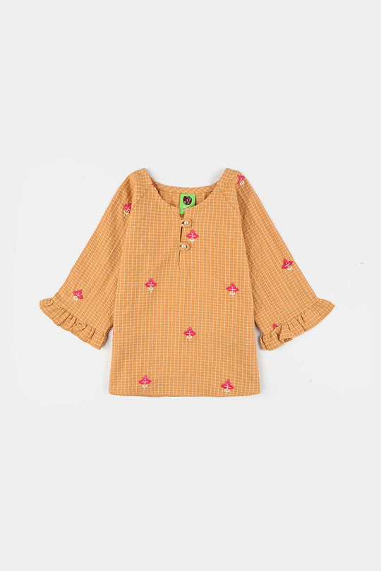 Infant Girls Cotton Emb Top Mustard Checks-Mustard