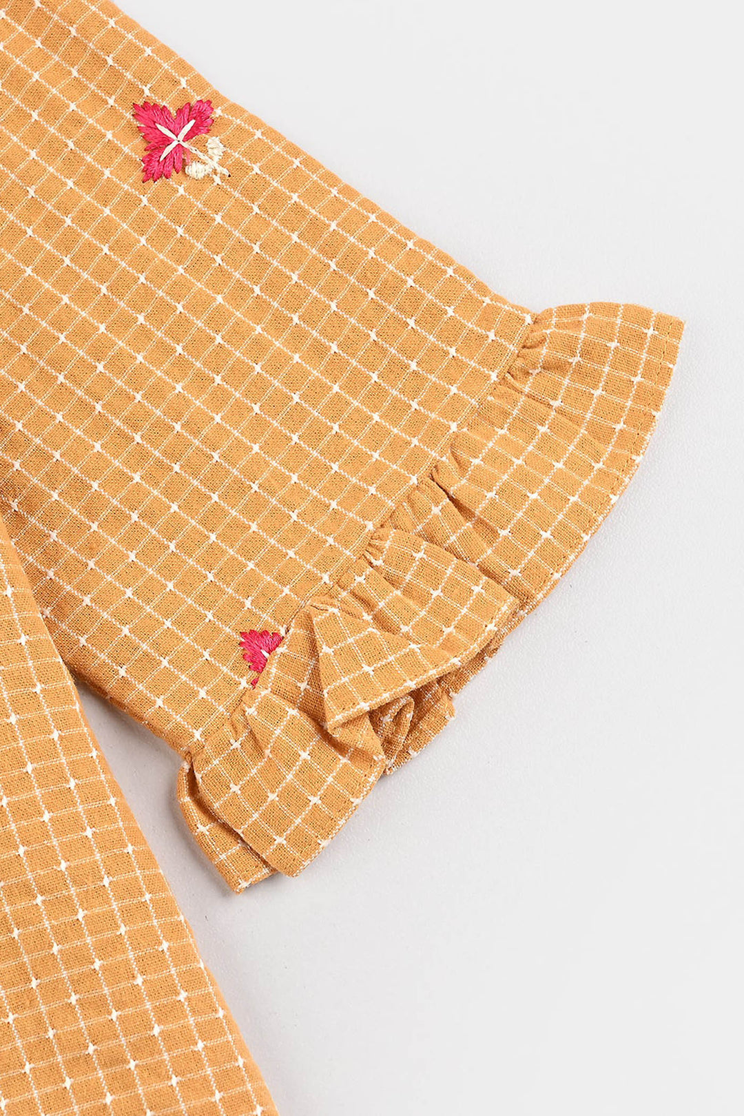 Infant Girls Cotton Emb Top Mustard Checks-Mustard
