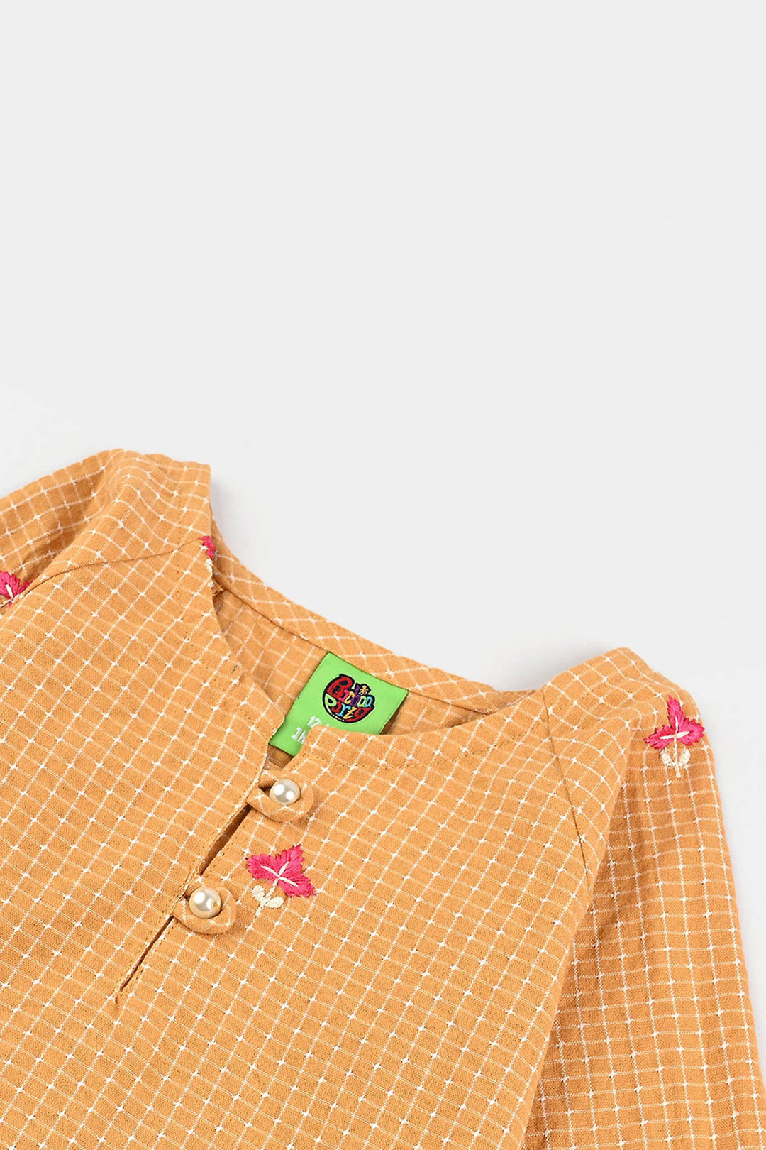 Infant Girls Cotton Emb Top Mustard Checks-Mustard