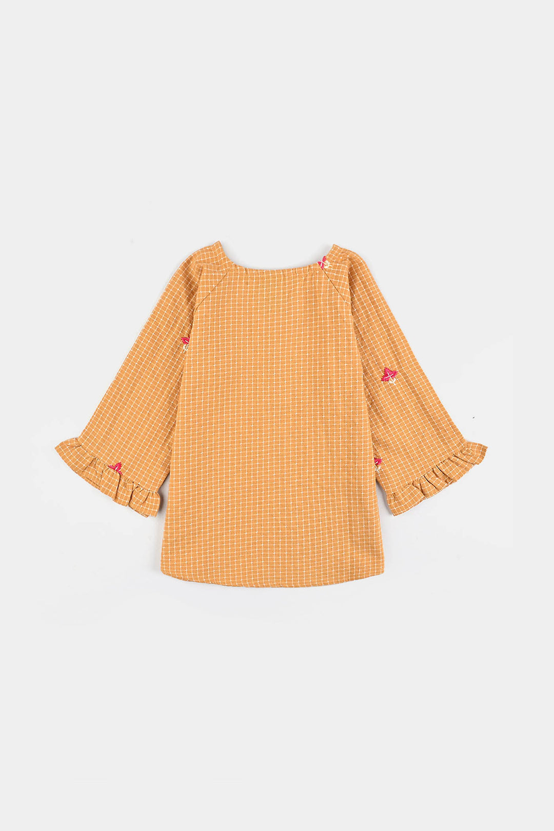 Infant Girls Cotton Emb Top Mustard Checks-Mustard