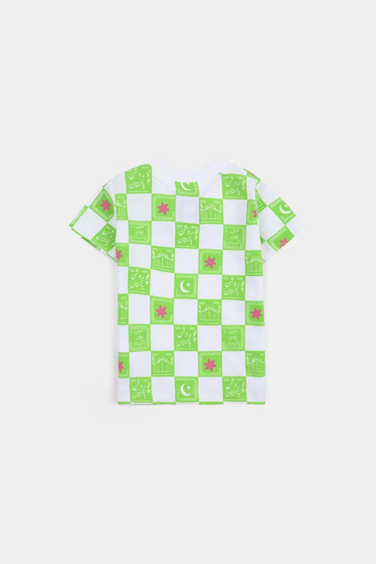 Infant Girls Cotton Jersey T-Shirt Roshan Pakistan- Green/White