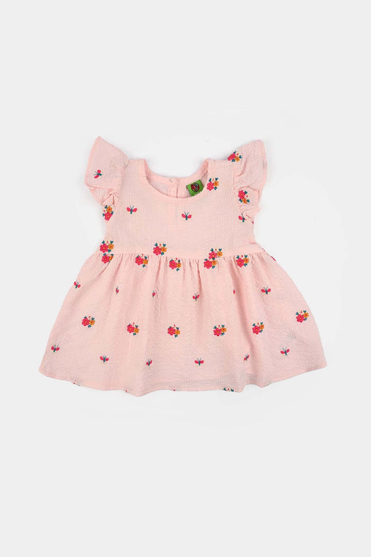 Infant Girls Poly Crinkle Embroidered Top (Butterfly & Flowers) - Baby Pink