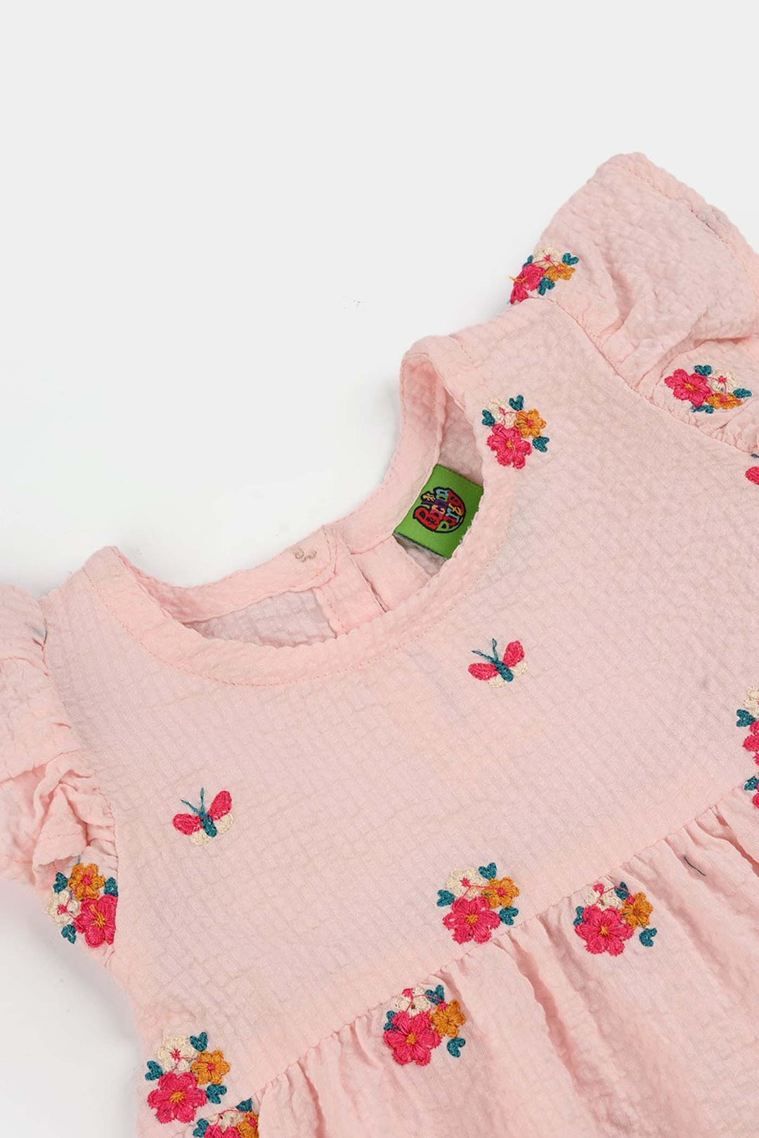 Infant Girls Poly Crinkle Embroidered Top (Butterfly & Flowers) - Baby Pink