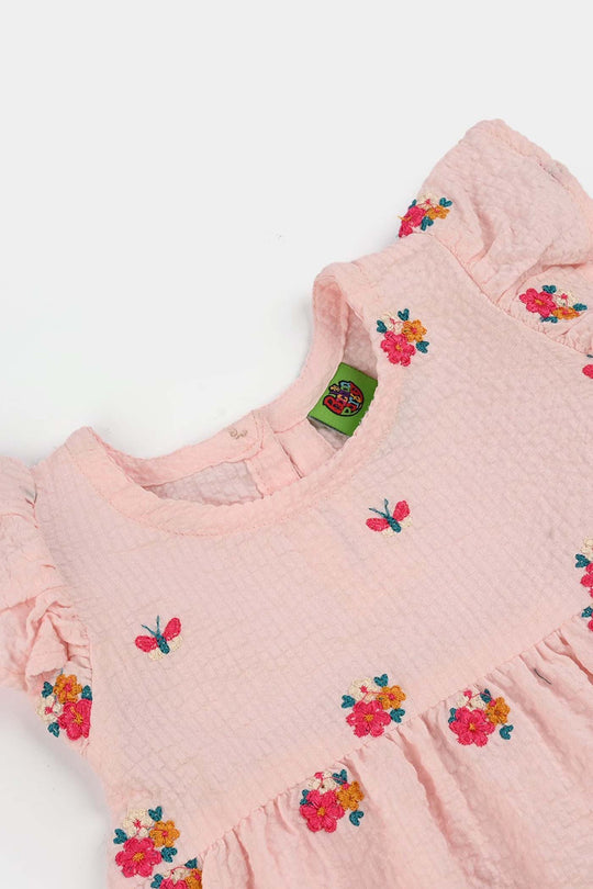 Infant Girls Poly Crinkle Embroidered Top (Butterfly & Flowers) - Baby Pink