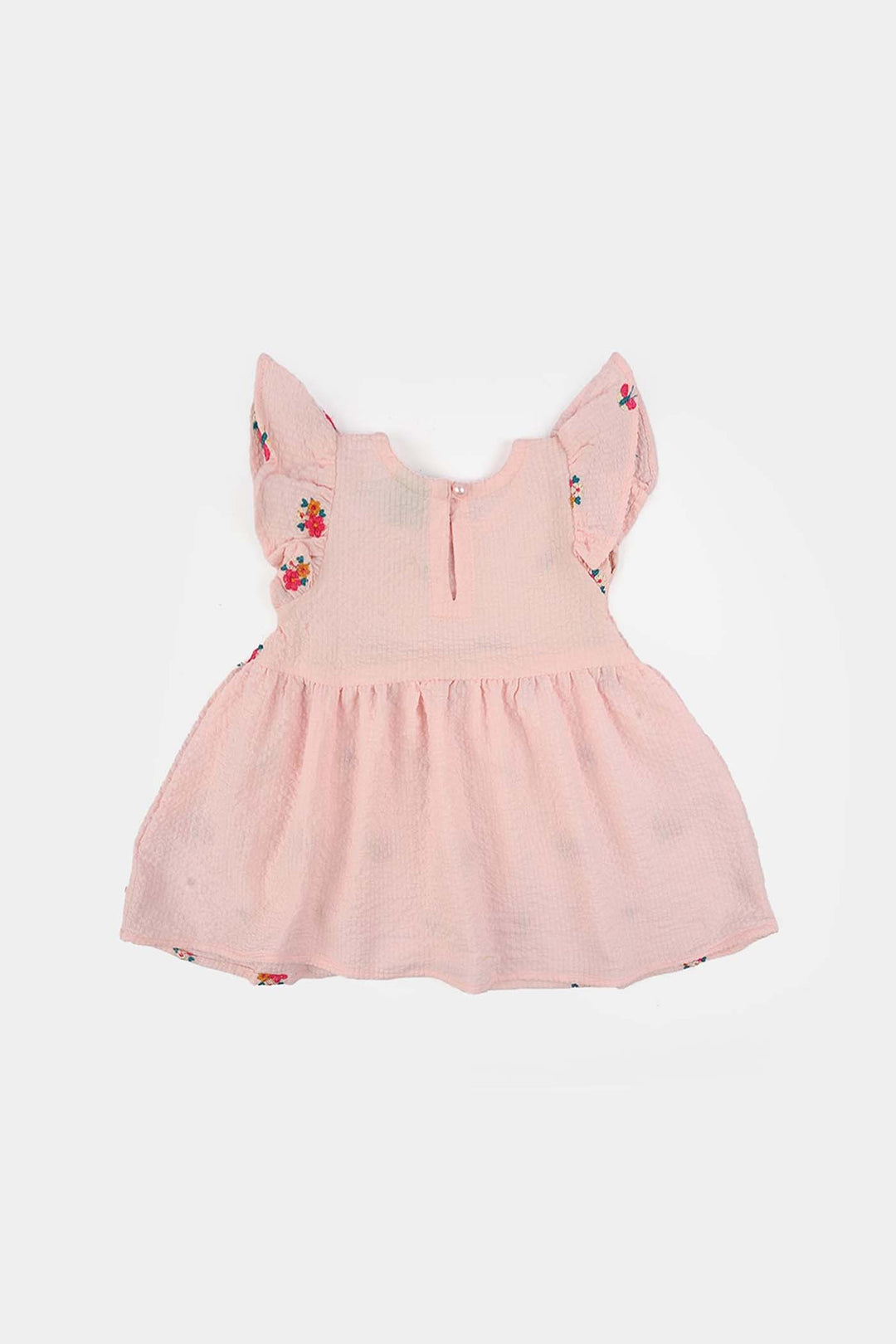 Infant Girls Poly Crinkle Embroidered Top (Butterfly & Flowers) - Baby Pink