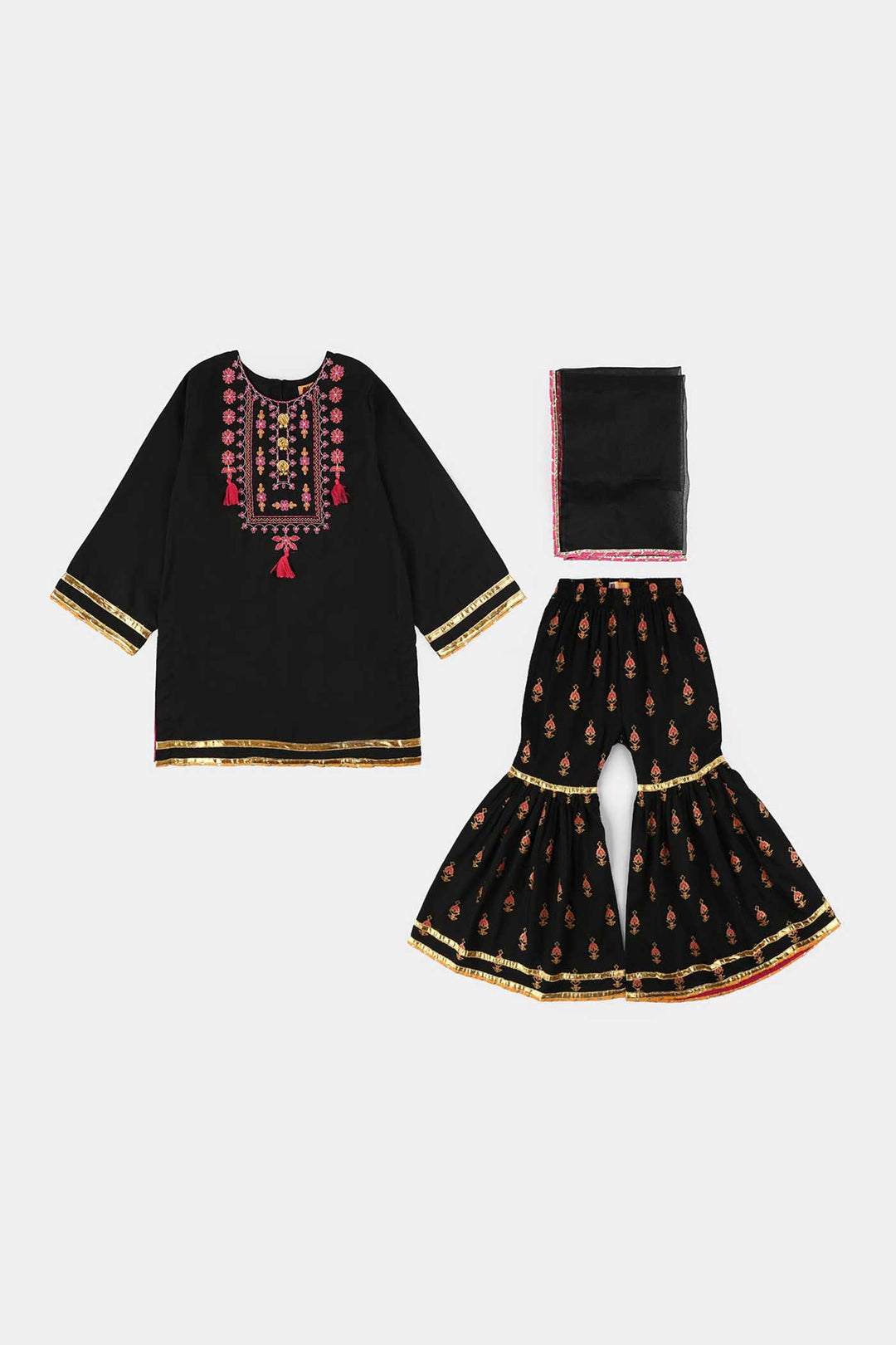 Girls Raw Silk 3-Piece Suit (Rangrez) - Black