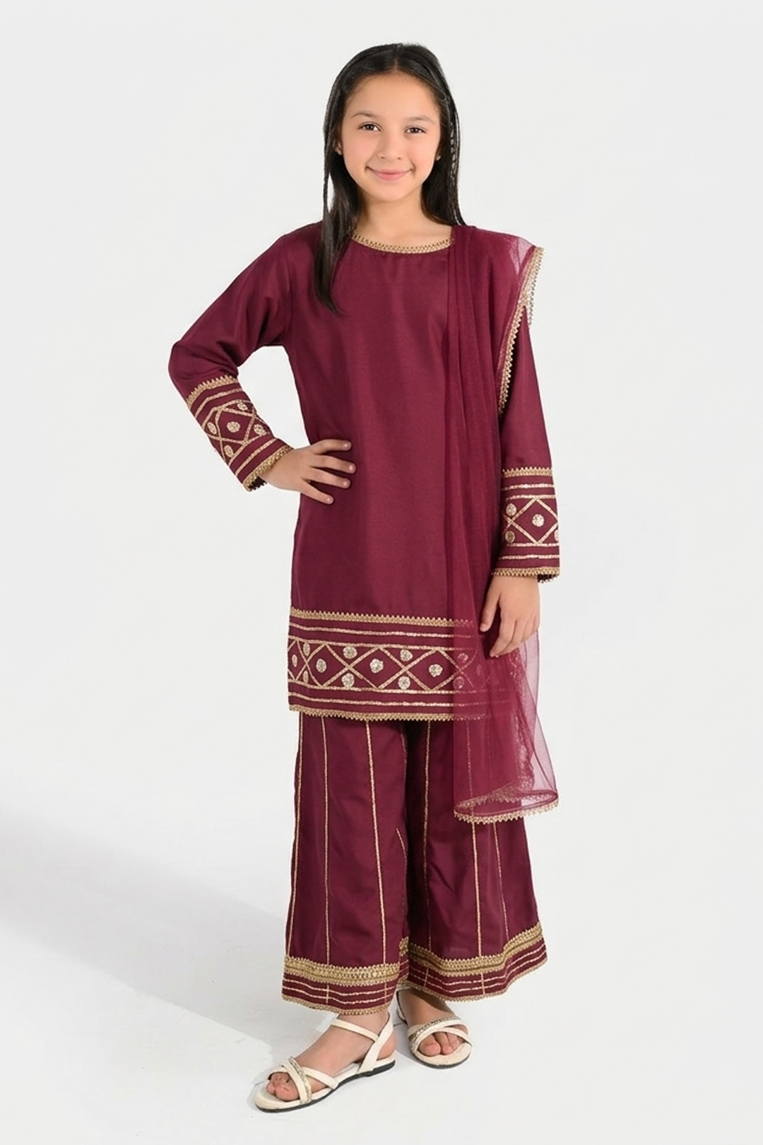 Girls Raw Silk 3-Piece Set (Jahan Ara) - Burgundy
