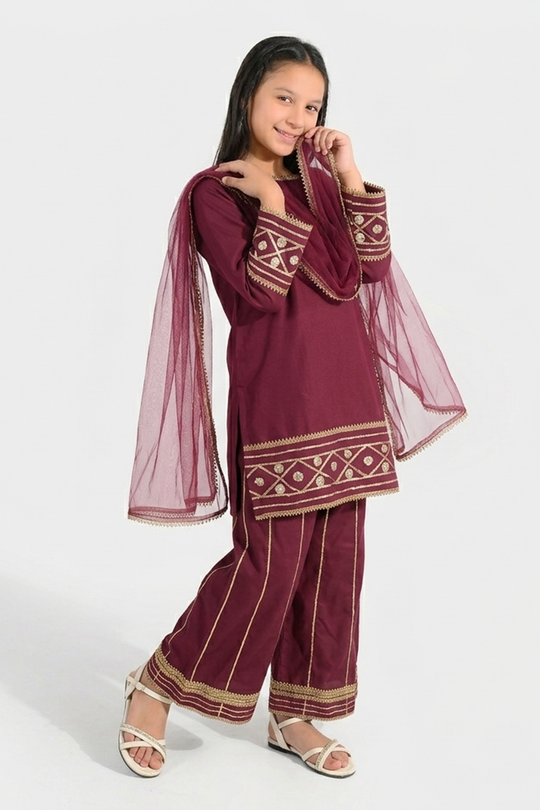 Girls Raw Silk 3-Piece Set (Jahan Ara) - Burgundy