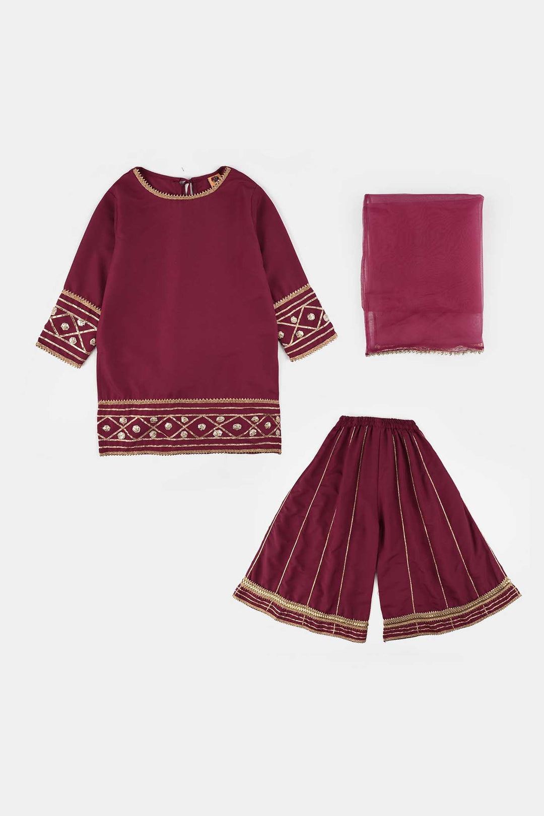 Girls Raw Silk 3-Piece Set (Jahan Ara) - Burgundy