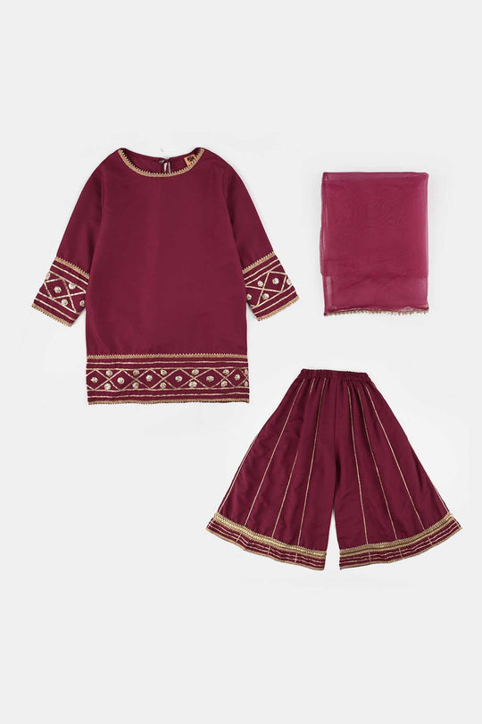 Girls Raw Silk 3-Piece Set (Jahan Ara) - Burgundy