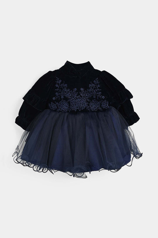 Infant Girls Velvet Fancy Frock EMB Grace - NAVY