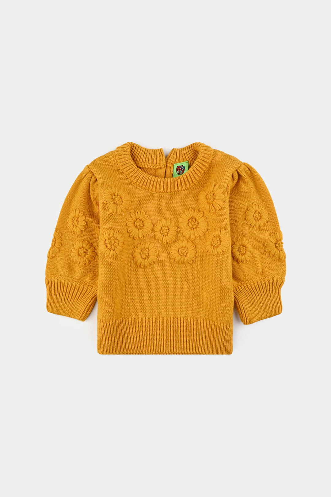 Infant Girls Acrylic Sweater-Flower Bunches - Mustard