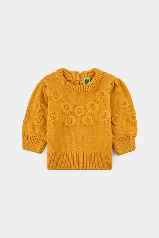 Infant Girls Acrylic Sweater-Flower Bunches - Mustard
