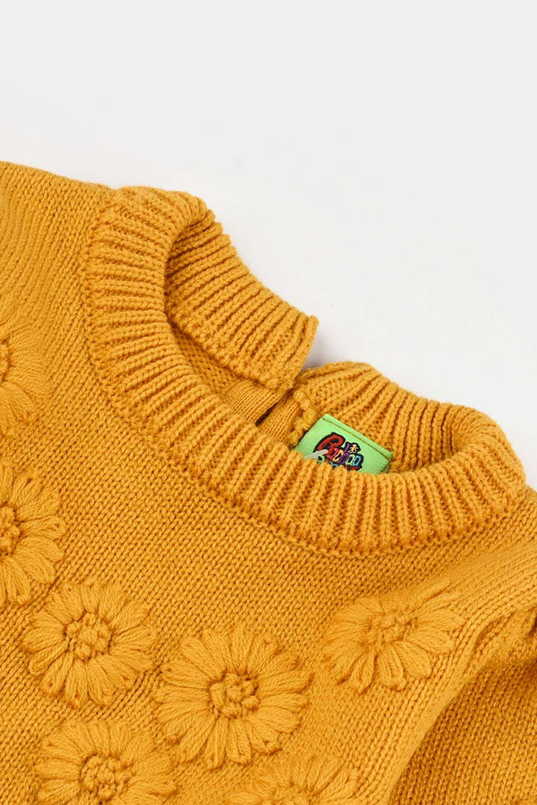 Infant Girls Acrylic Sweater-Flower Bunches - Mustard