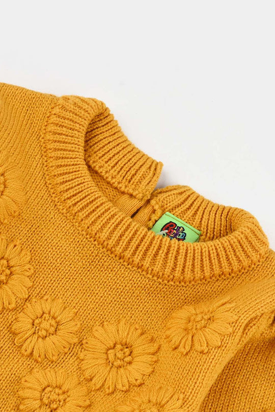 Infant Girls Acrylic Sweater-Flower Bunches - Mustard