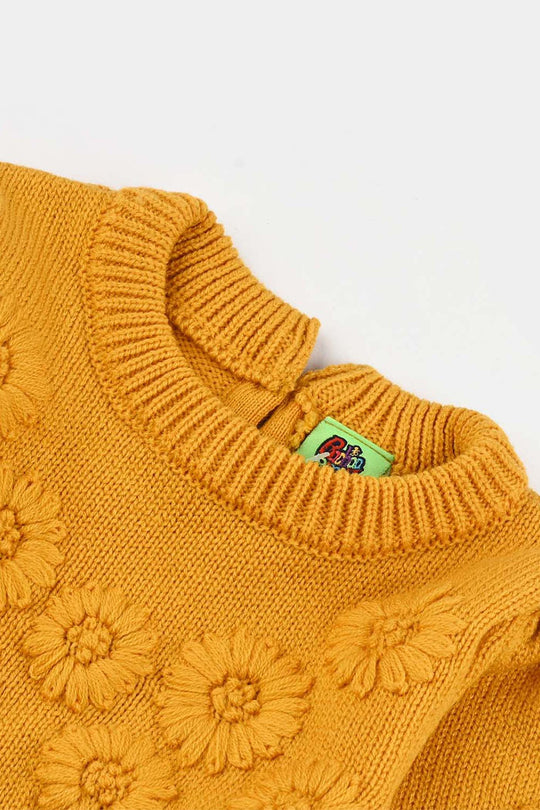 Infant Girls Acrylic Sweater-Flower Bunches-Mustard