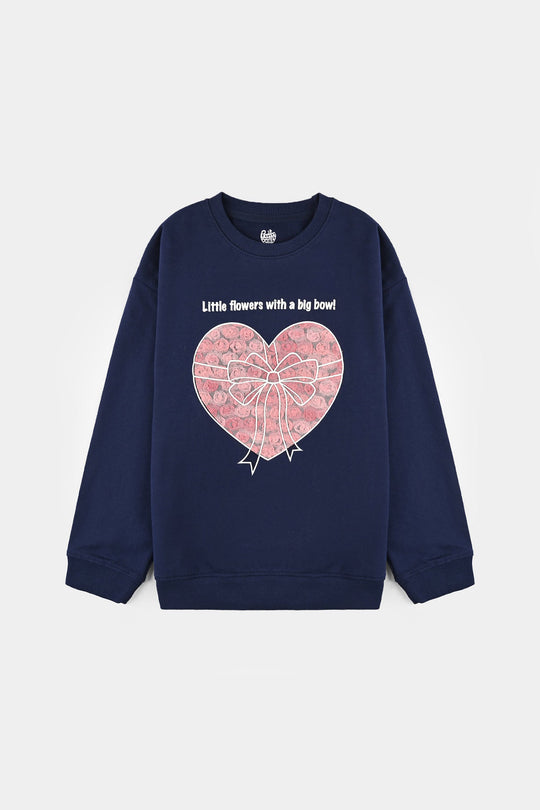 Girls Jersey/Terry Sweatshirt Little Flowers-NAVY