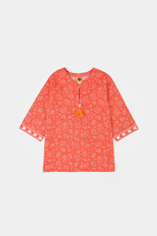 Girls Cotton Poplin Printed 2Piece Rang E Bahar-ORANGE