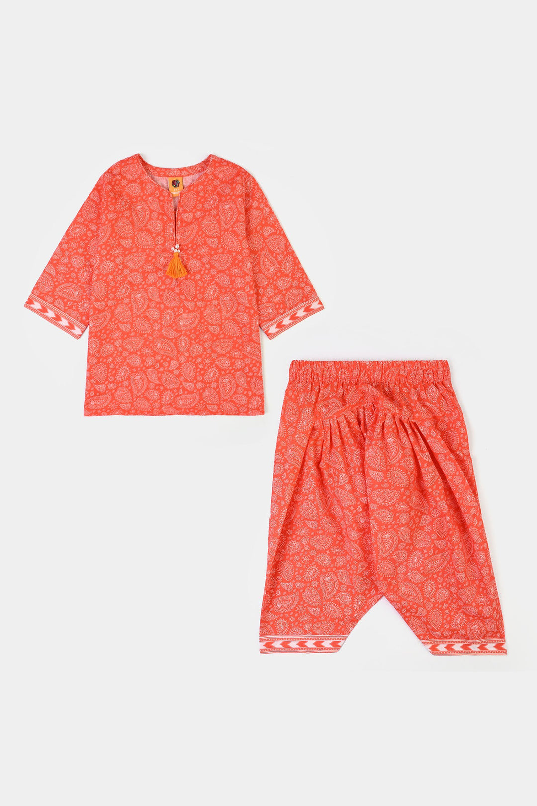 Girls Cotton Poplin Printed 2Piece Rang E Bahar-ORANGE