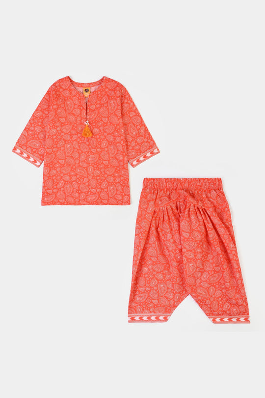 Girls Cotton Poplin Printed 2Piece Rang E Bahar-ORANGE