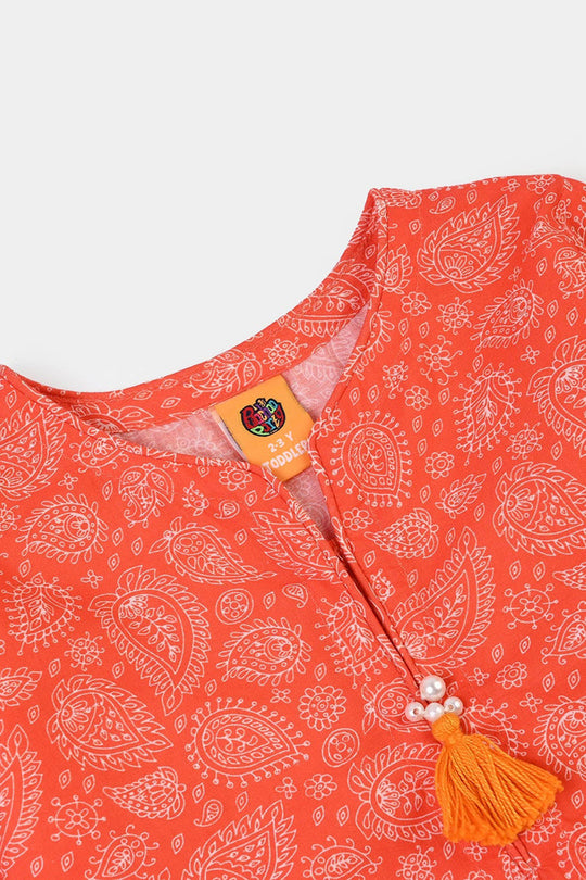 Girls Cotton Poplin Printed 2Piece Rang E Bahar-ORANGE