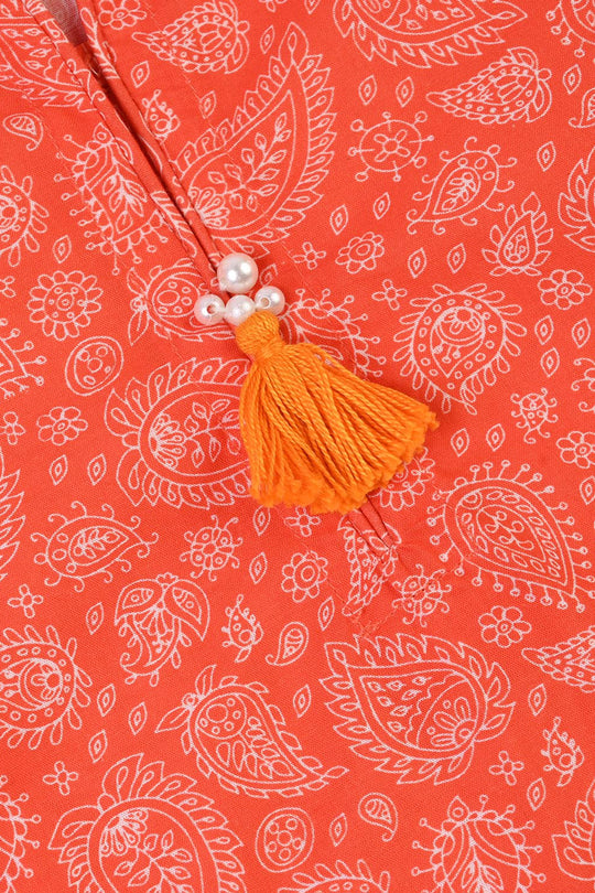 Girls Cotton Poplin Printed 2Piece Rang E Bahar-ORANGE
