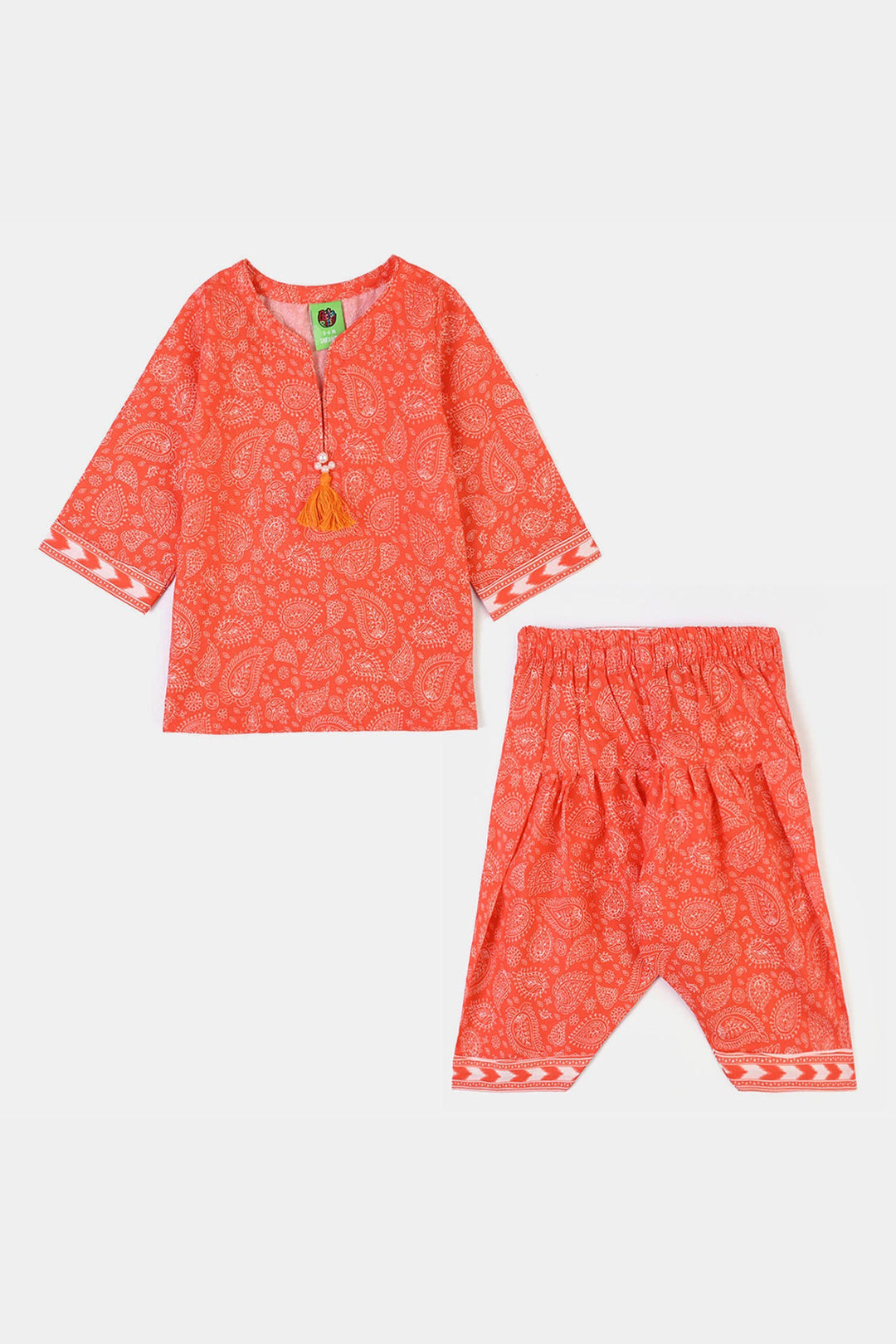 Infant Girls Cotton Poplin Printed 2Piece Rang E Bahar-ORANGE