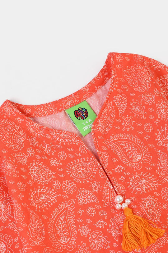 Infant Girls Cotton Poplin Printed 2Piece Rang E Bahar-ORANGE