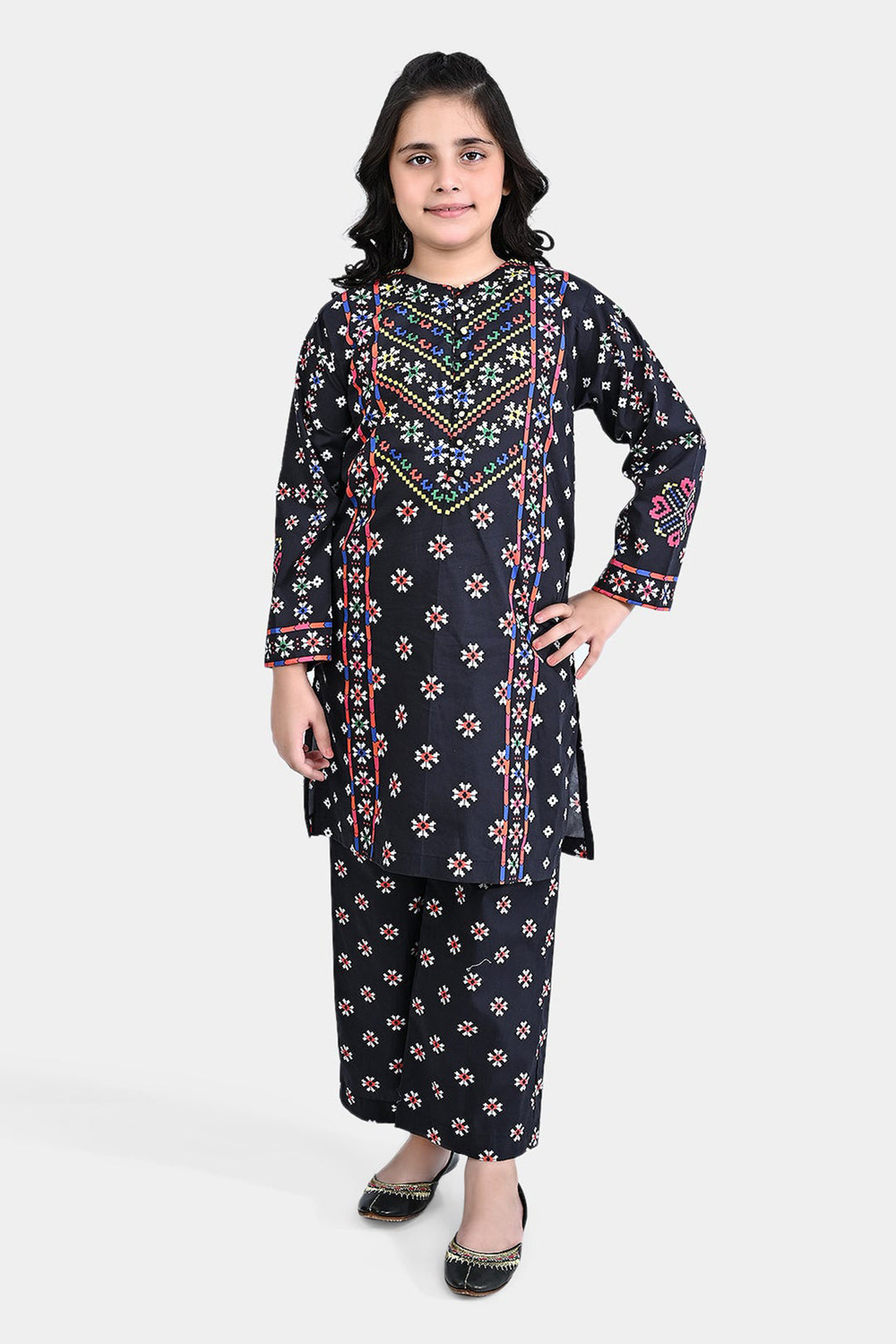 Girls Cotton Poplin Printed 2PC Suit Color Pixels-BLACK