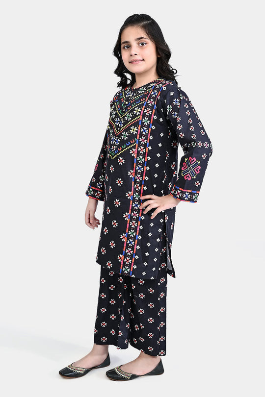 Girls Cotton Poplin Printed 2PC Suit Color Pixels-BLACK