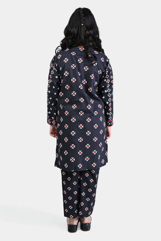 Girls Cotton Poplin Printed 2PC Suit Color Pixels-BLACK