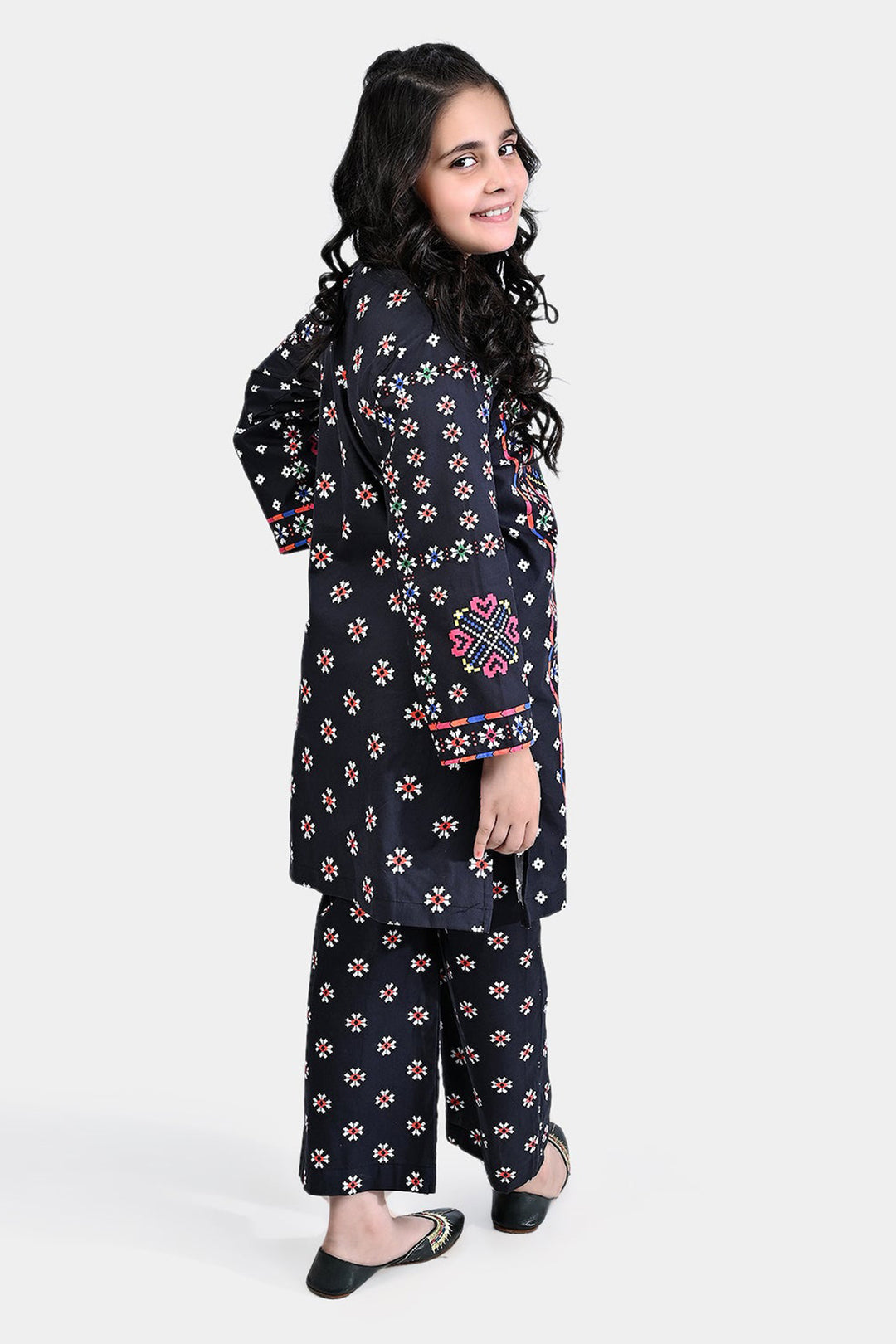 Girls Cotton Poplin Printed 2PC Suit Color Pixels-BLACK