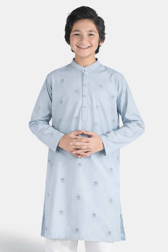 Boys Poly Viscose Embroidered Kurta (Chamak) – Sky Blue