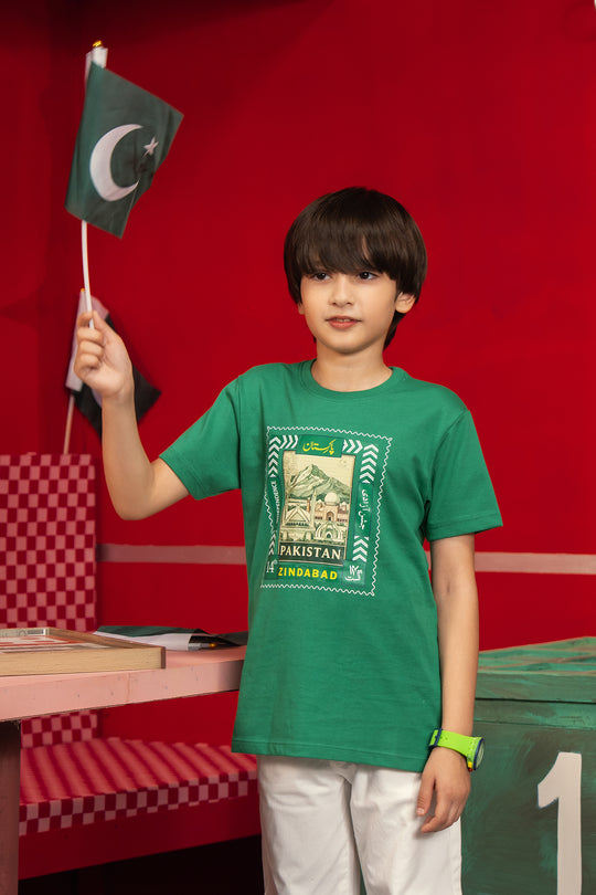Boys Cotton Jersey One Pakistan's Landmark T-Shirt – Green