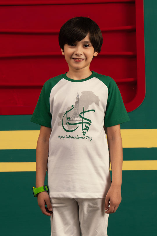 Boys Cotton Jersey Minar-e-Pakistan T-Shirt – White
