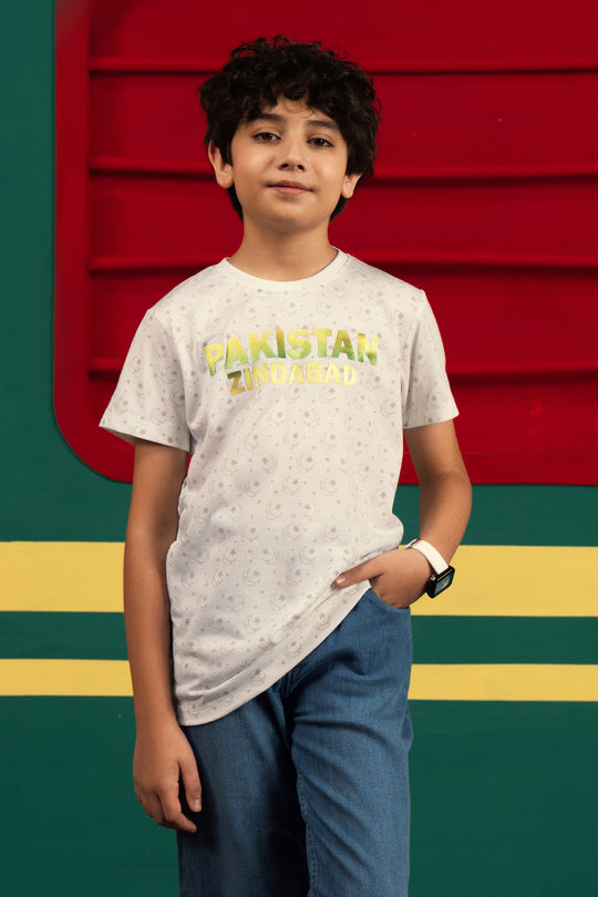 Boys Cotton Jersey Pakistan Zindabad T-Shirt – White
