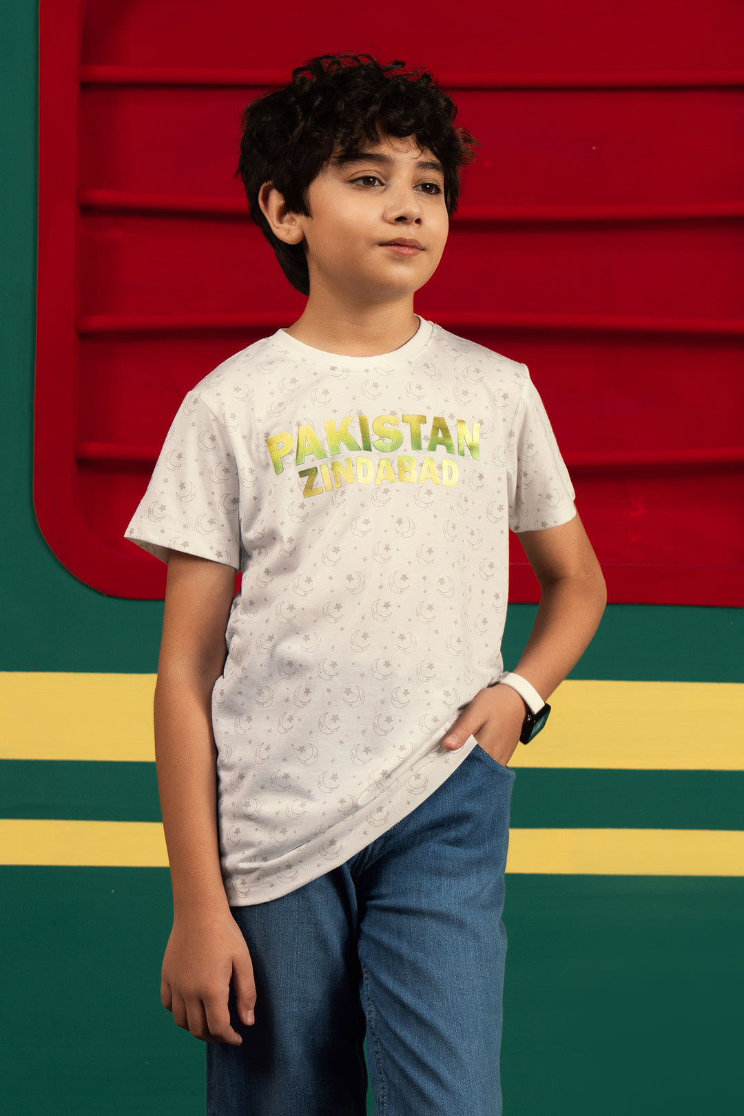 Boys Cotton Jersey Pakistan Zindabad T-Shirt – White