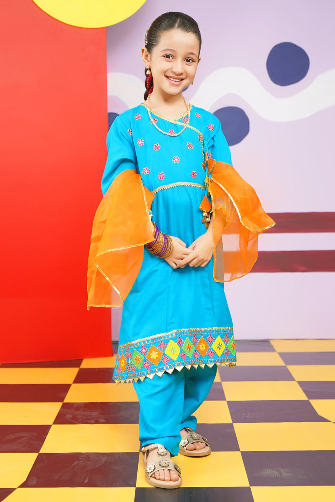 Girls Raw Silk 3PCs Suit Rang-o-Sehar-Blue
