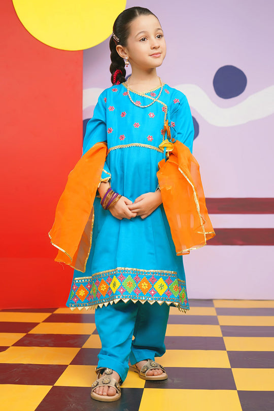Girls Raw Silk 3PCs Suit Rang-o-Sehar-Blue