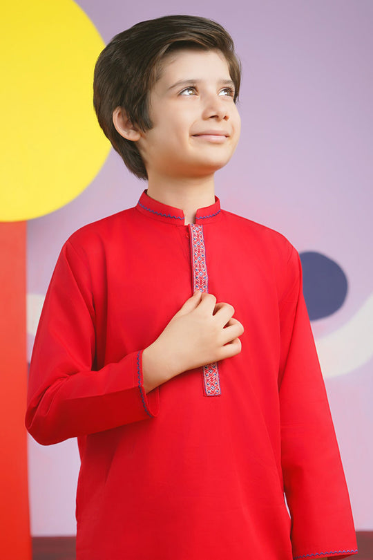 Boys Cotton Poplin Two-Piece (Funky Motif)-Red