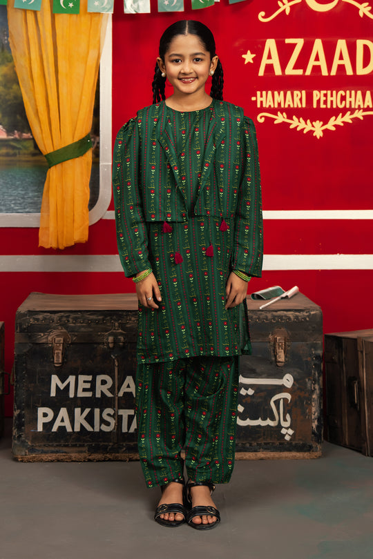 Girls Polyester Dil Dil Pakistan 3-Piece Suit – Light Green