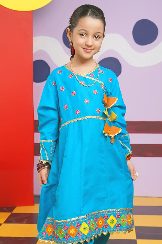 Girls Raw Silk 3PCs Suit Rang-o-Sehar-Blue