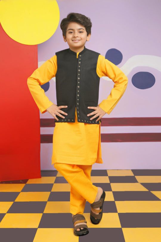 Boys Cotton Slub 3 Piece Suit (Royal Motif)-Citrus