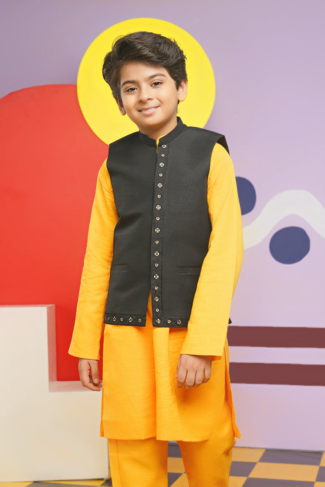 Boys Cotton Slub 3 Piece Suit (Royal Motif)-Citrus