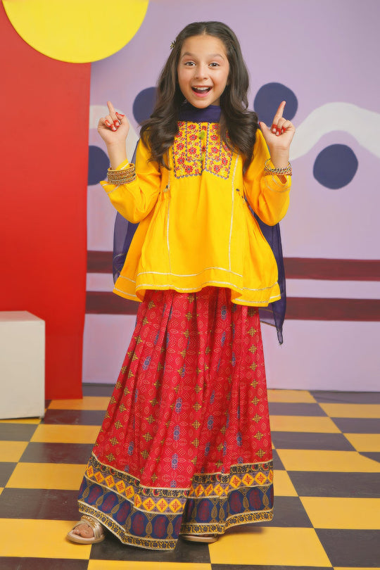 Girls Raw Silk 3PCs Suit Chunri-Yellow